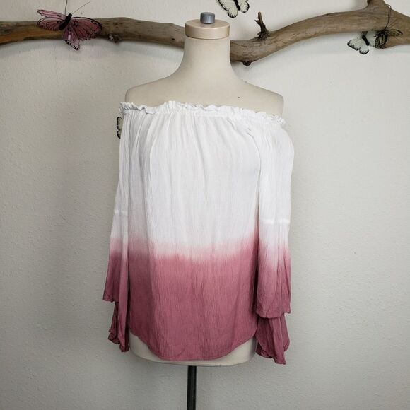 Love Notes Off-Shoulder Pink and White Rayon Blouse sz large - Picture 8 of 8